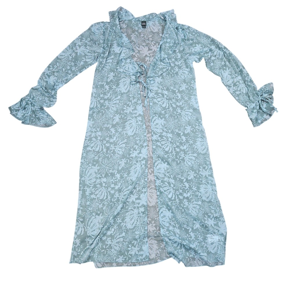Bohemian Sheer Floral Kimono Duster Blue Green Ruffle Long Sleeve Floral Size S